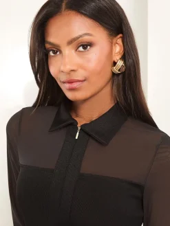 Lipsy Black Zip Front Jersey Rib Mesh Shirt Online