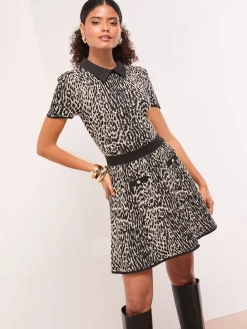 Lipsy Black/Brown Animal Leopard Print Buttoned Knitted Mini Skirt Clearance
