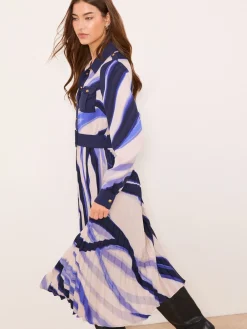 Lipsy Marble Print Woven Pleated Midi Shirt Dress Blue Discount