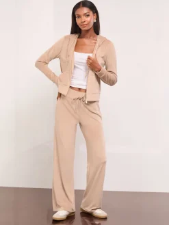 Lipsy Embroidered Velour Relaxed Wide Leg Joggers Brown Clearance