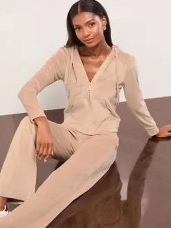 Lipsy Embroidered Velour Relaxed Wide Leg Joggers Brown Clearance