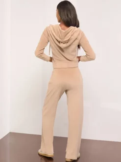 Lipsy Embroidered Velour Relaxed Wide Leg Joggers Brown Clearance