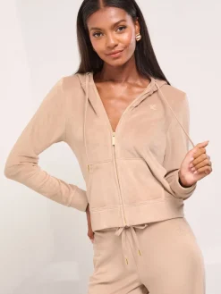 Lipsy Embroidered Velour Zip Through Hoodie Brown Hot