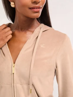 Lipsy Embroidered Velour Zip Through Hoodie Brown Hot