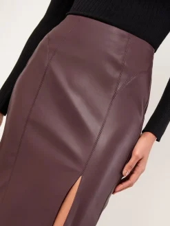 Lipsy Side Split Midi Skirt Burgundy Red Faux Leather Clearance