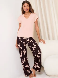 Lipsy Jersey T-Shirt Trousers Pyjamas Set Burgundy Red