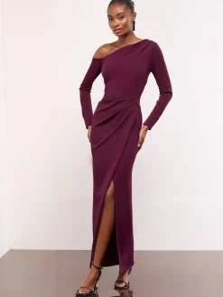 Lipsy Long Sleeve Off The Shoulder Gathered Waist Maxi Dress Burgundy Red Hot