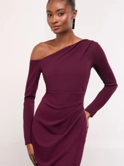Lipsy Long Sleeve Off The Shoulder Gathered Waist Maxi Dress Burgundy Red Hot
