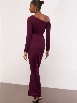 Lipsy Long Sleeve Off The Shoulder Gathered Waist Maxi Dress Burgundy Red Hot