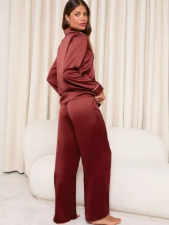 Lipsy Burgundy Red Long Sleeve Printed Satin Pyjamas Set Online