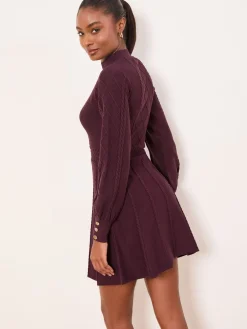 Lipsy Mini Diamond Knitted Long Sleeve Dress Burgundy Red Outlet