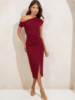 Lipsy Petite Off The Shoulder Gathered Waist Midi Dress Burgundy Red