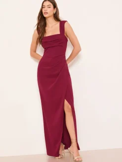 Lipsy Petite Square Neck Short Sleeve Ruched Maxi Dress Burgundy Red Outlet