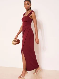 Lipsy Petite Square Neck Short Sleeve Ruched Maxi Dress Burgundy Red Outlet