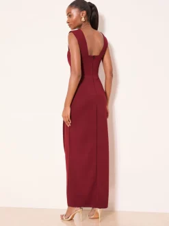 Lipsy Petite Square Neck Short Sleeve Ruched Maxi Dress Burgundy Red Outlet