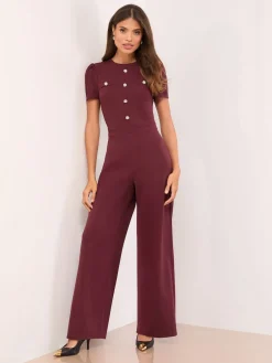 Lipsy Petite Military Buttoned Jumpsuit Burgundy Red Hot