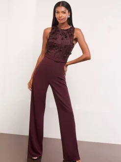 Lipsy Burgundy Red Petite Floral 3D Textured Halter Jumpsuit Online