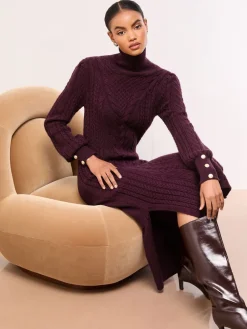 Lipsy Burgundy Red Roll Neck Cable Knit Midi Dress Outlet