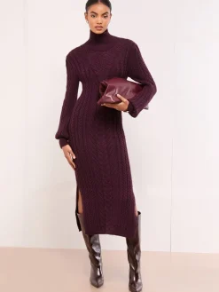 Lipsy Burgundy Red Roll Neck Cable Knit Midi Dress Outlet