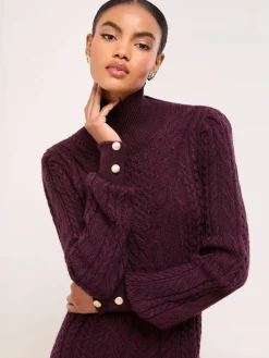 Lipsy Burgundy Red Roll Neck Cable Knit Midi Dress Outlet
