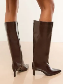 Lipsy Burgundy Red Wide Fit Faux Leather Knee High Low Kitten Heel Boots Outlet