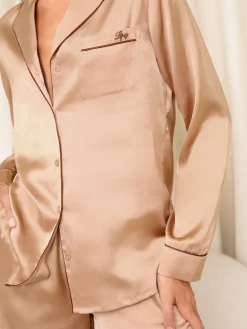 Lipsy Champagne Gold Long Sleeve Printed Satin Pyjamas Set Hot