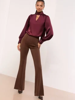 Lipsy High Waisted Contour Bootleg Flared Trousers Chocolate Brown