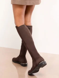 Lipsy Wide Fit Faux Suede Elasticated Flat Knee High Casual Boots Chocolate Brown Discount