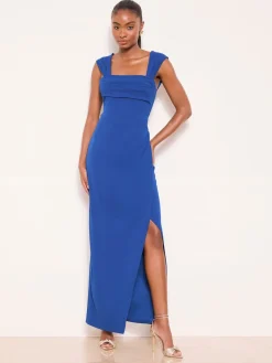 Lipsy Petite Square Neck Short Sleeve Ruched Maxi Dress Cobalt Blue Discount