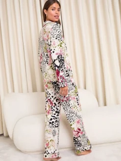 Lipsy Print Jersey Long Sleeve and Trousers Satin Trim Pyjamas Set Cream Animal Floral Online
