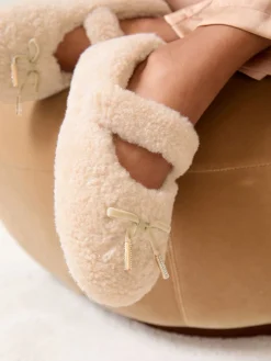 Lipsy Cream Borg Mary Jane with Bow Detail Slippers New