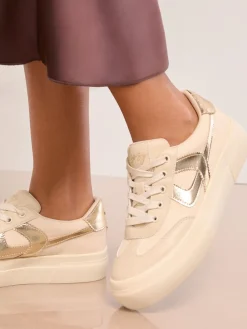 Lipsy Standard Fit Chunky Canvas Lace Up Sports Trainers Cream New