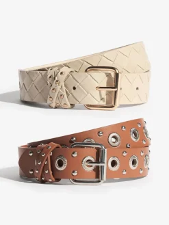 Lipsy Belts 2 Pack Cream Weave and Tan Stud Sale