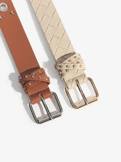 Lipsy Belts 2 Pack Cream Weave and Tan Stud Sale