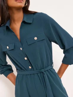 Lipsy Dark Green Petite Utility Belted Military Buttoned V-Neck Jumpsuit Clearance