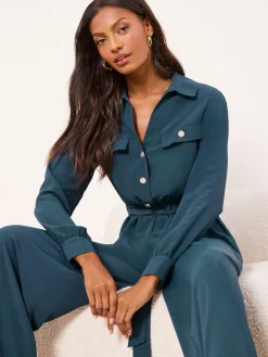Lipsy Dark Green Petite Utility Belted Military Buttoned V-Neck Jumpsuit Clearance