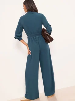 Lipsy Dark Green Petite Utility Belted Military Buttoned V-Neck Jumpsuit Clearance