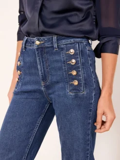 Lipsy Dark Wash Blue Petite Sailor Button Flared Leg Jeans New