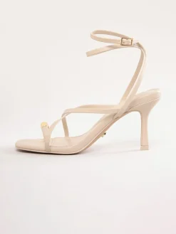 Lipsy High Heeled Metal Toe Ring Faux Leather Sandals Ecru Sale