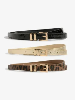 Lipsy Gold, Leopard & Black Skinny Belts 3 Pack Gold, Leopard & Black Sale