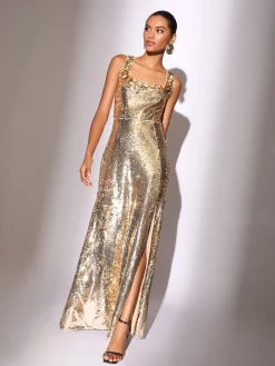 Lipsy Gold Petite Premium Flower Trim Sequin Square Neck Maxi Dress Online