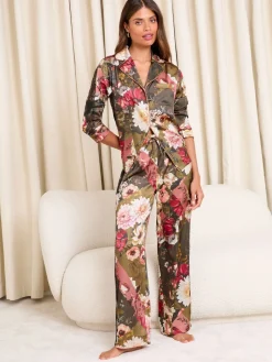 Lipsy Satin Long Sleeve Pyjamas Set with Lace Details Green Floral Outlet