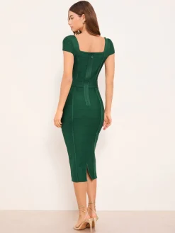 Lipsy Green Military Buttoned Short Sleeve Midi Knit Bandage Dress New