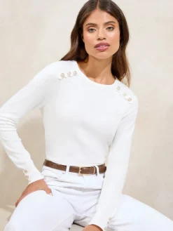 Lipsy Ivory White Knitted Scallop Buttoned Crew Neck Jumper Online