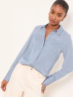 Lipsy Long Sleeve Satin Chiffon Mix Shirt Light Blue Clearance