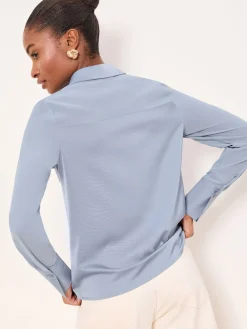 Lipsy Long Sleeve Satin Chiffon Mix Shirt Light Blue Clearance