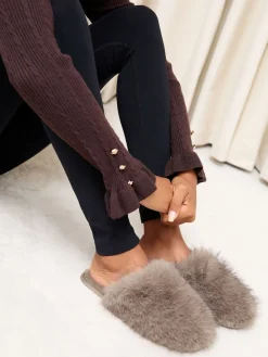 Lipsy Faux Fur Ultra Fluffy Close Toe Mule Nightwear Slippers Mocha Best