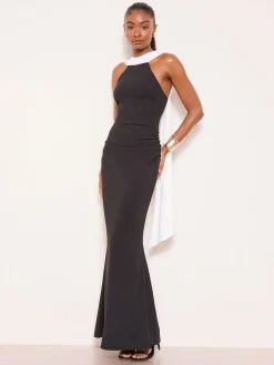 Lipsy Monochrome High Neck Scarf Drape Maxi Dress Discount