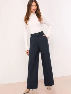 Lipsy Belted Tailored Wide Leg Trousers Navy Blue Online