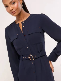 Lipsy Grandad Collar Belted Midi Button Through Shirt Dress Navy Blue Clearance